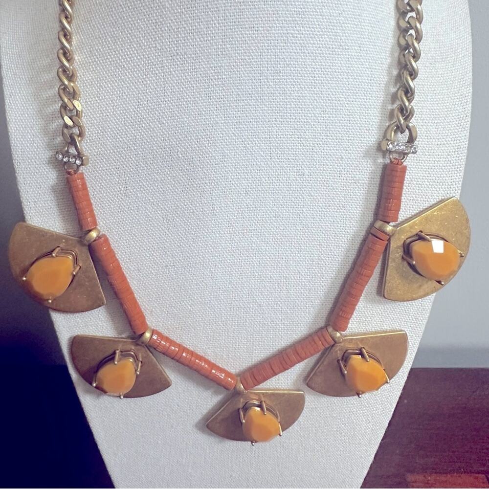 J Crew Necklace Brass Fan Brown Yellow Retro Vintage Statement Casual Western
